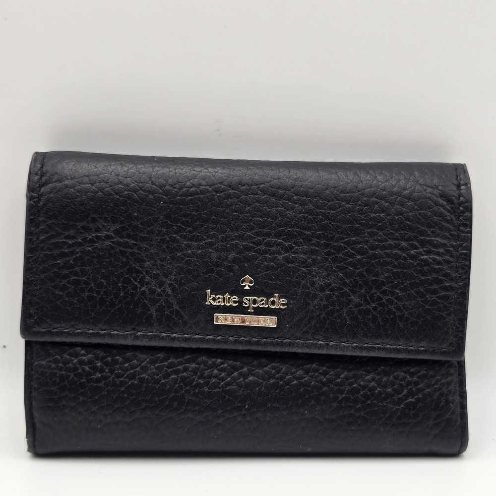 Kate Spade New York Grove Street Black Pebbled Leather Trifold Wallet Zip Coin